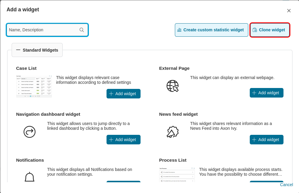 "Clone widget from" button placed inside the "Add new widget" dialog. The "Clone widget from" dialog will appear after clicking this button.
