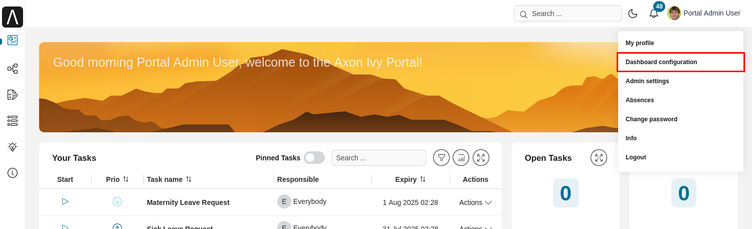 Dashboard configuration menu