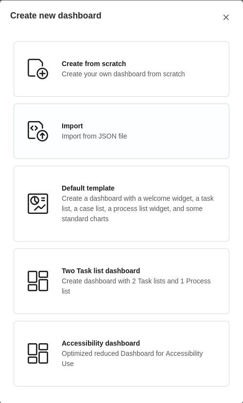 Dashboard template selection dialog
