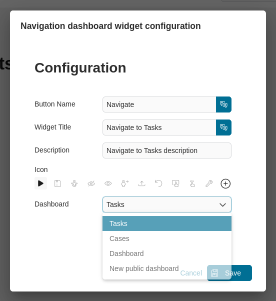 Navigation dashboard widget configuration
