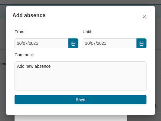 Absences page: Add new absence dialog