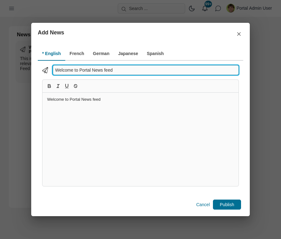 Dashboard news feed widget's Manage news dialog
