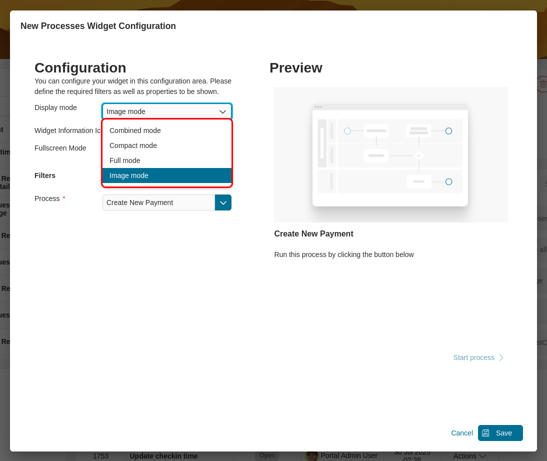 Dashboard process widget mode selection