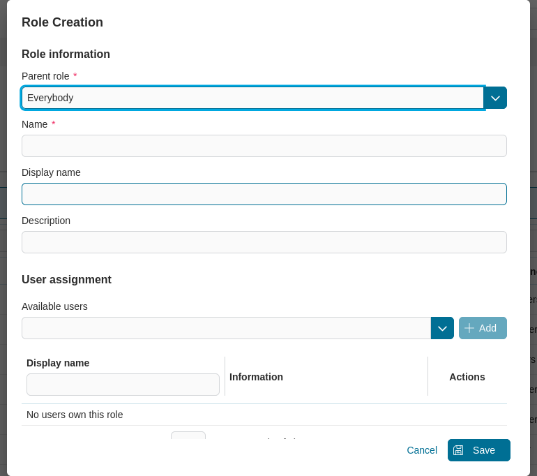 Admin setting: role creation dialog