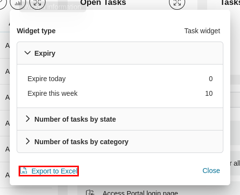 Dashboard task widget: export to Excel feature