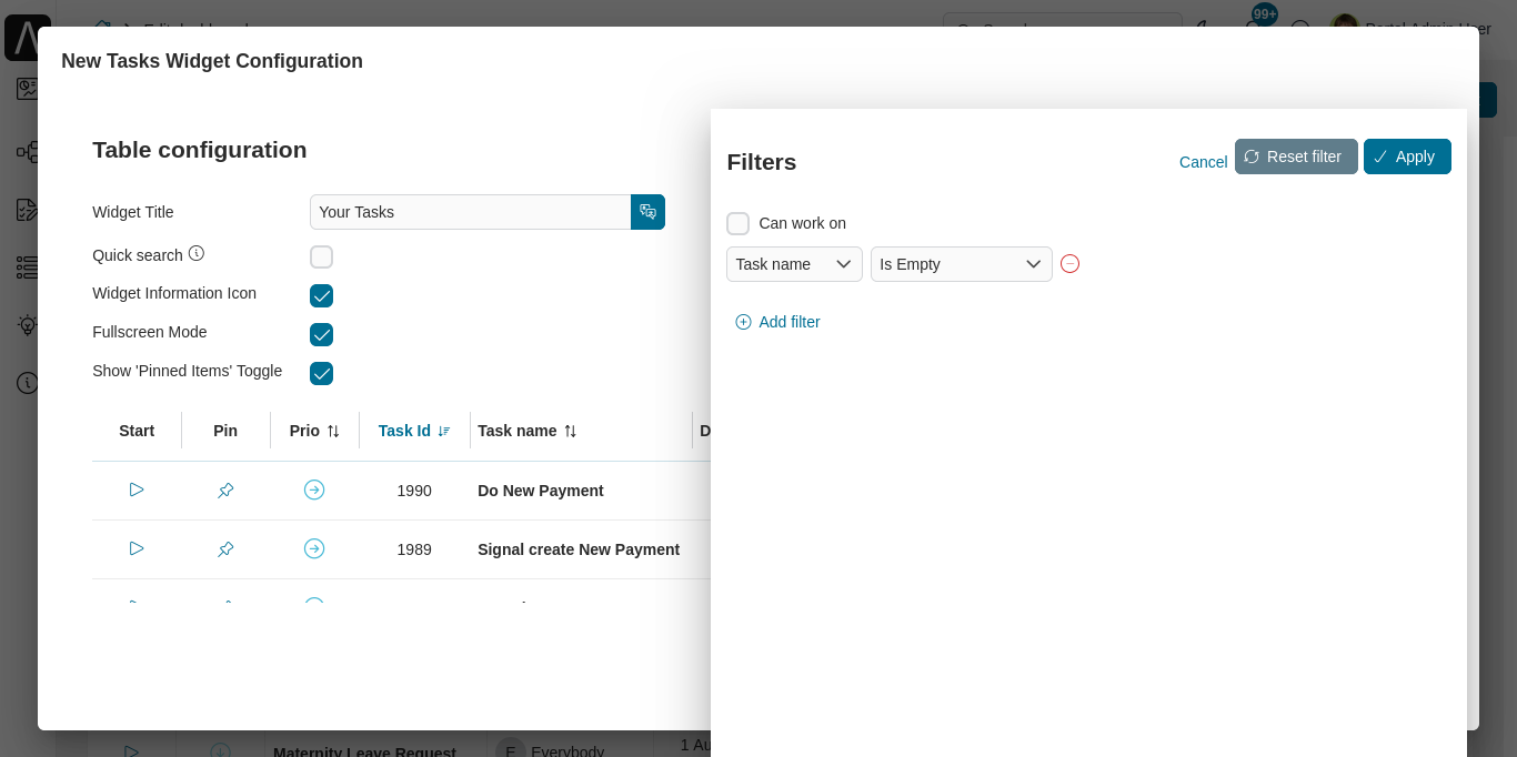 Dashboard task widget's configuration panel