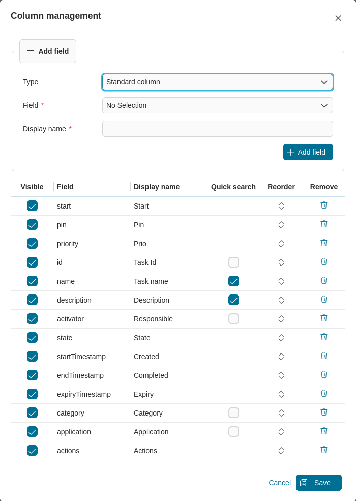 Dashboard task widget's table configuration
