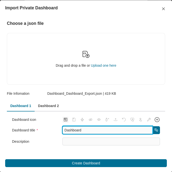 Import private dashboard dialog