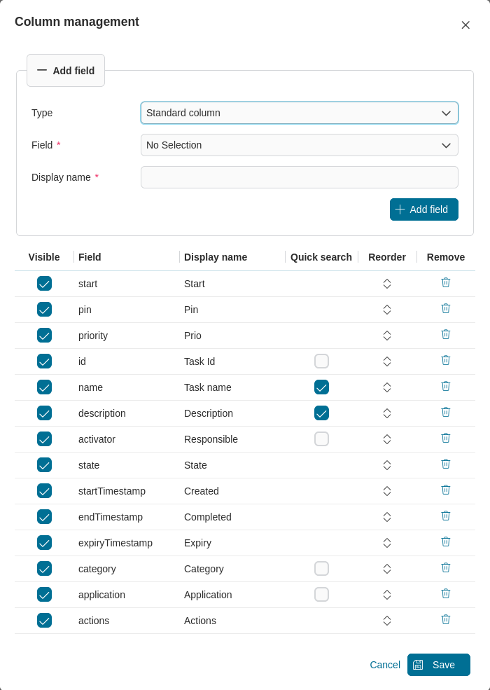 Dashboard task widget's table configuration