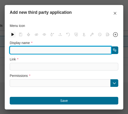 Admin setting: Add application dialog