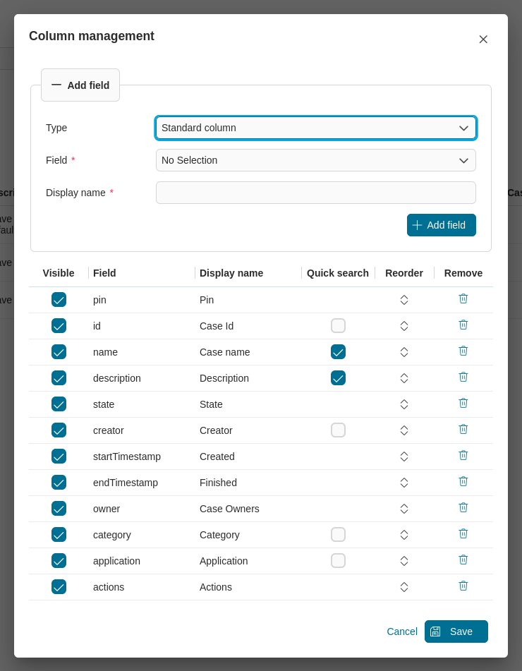 Dashboard case widget's table configuration