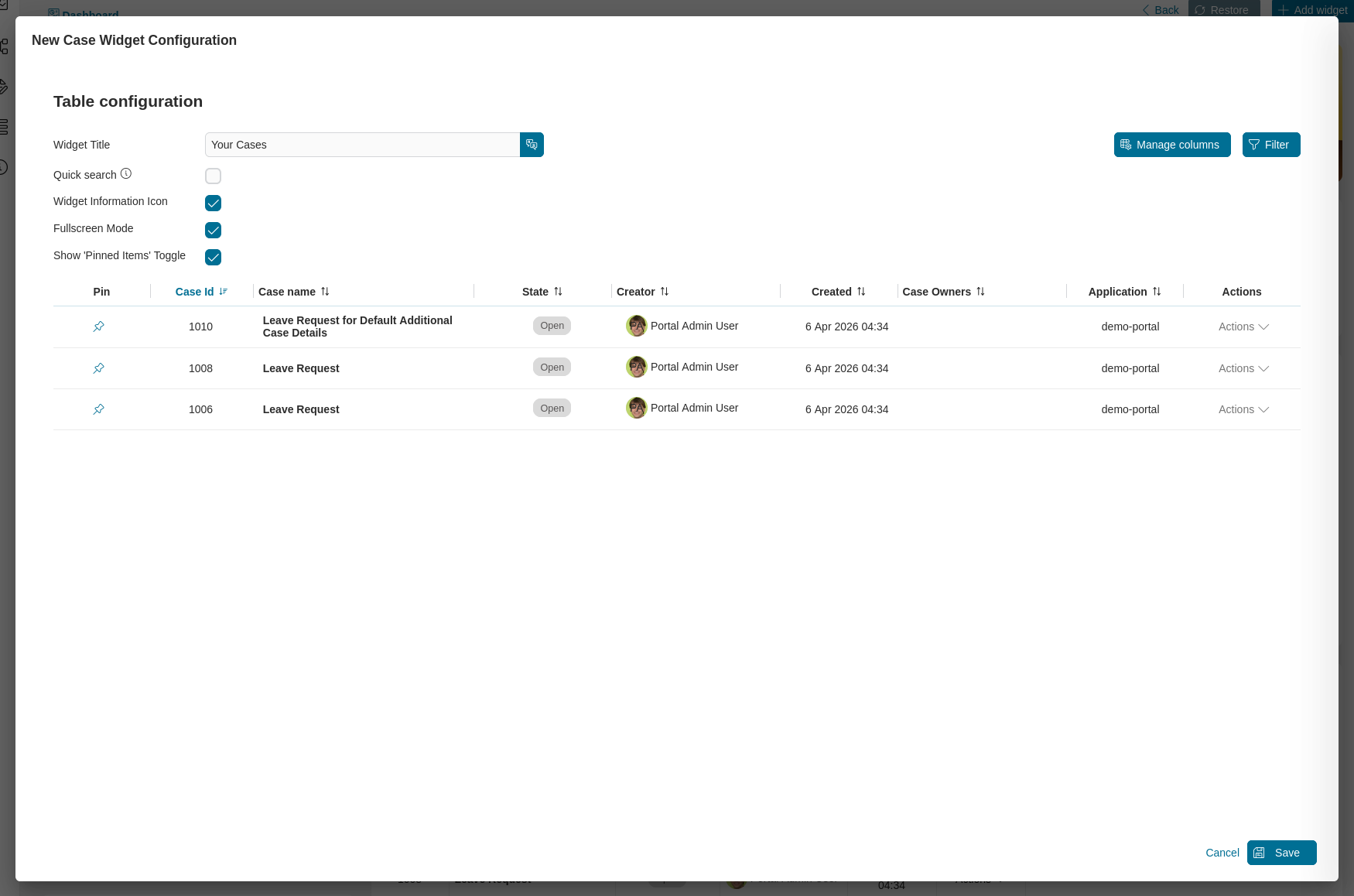 Dashboard case widget's configuration dialog