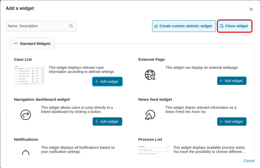 "Clone widget from" button placed inside the "Add new widget" dialog. The "Clone widget from" dialog will appear after clicking this button.