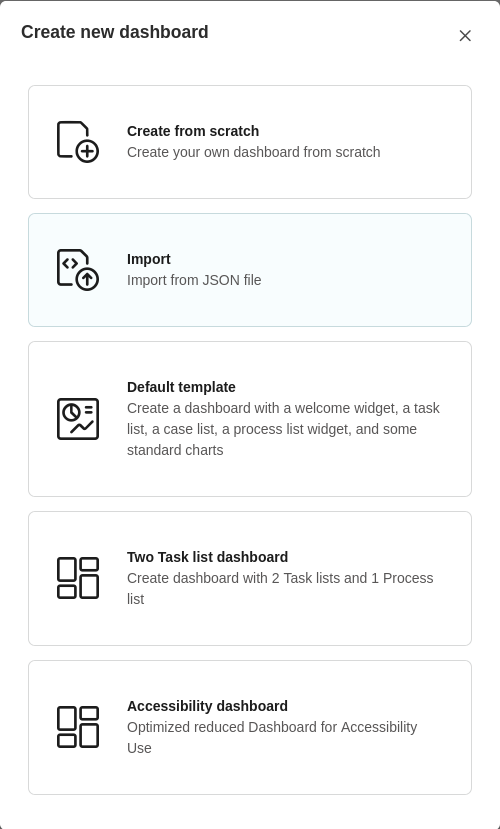 Dashboard template selection dialog