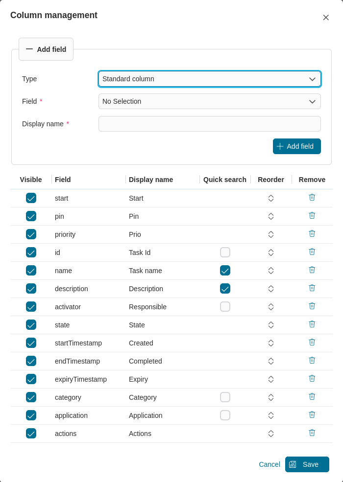 Dashboard task widget's table configuration