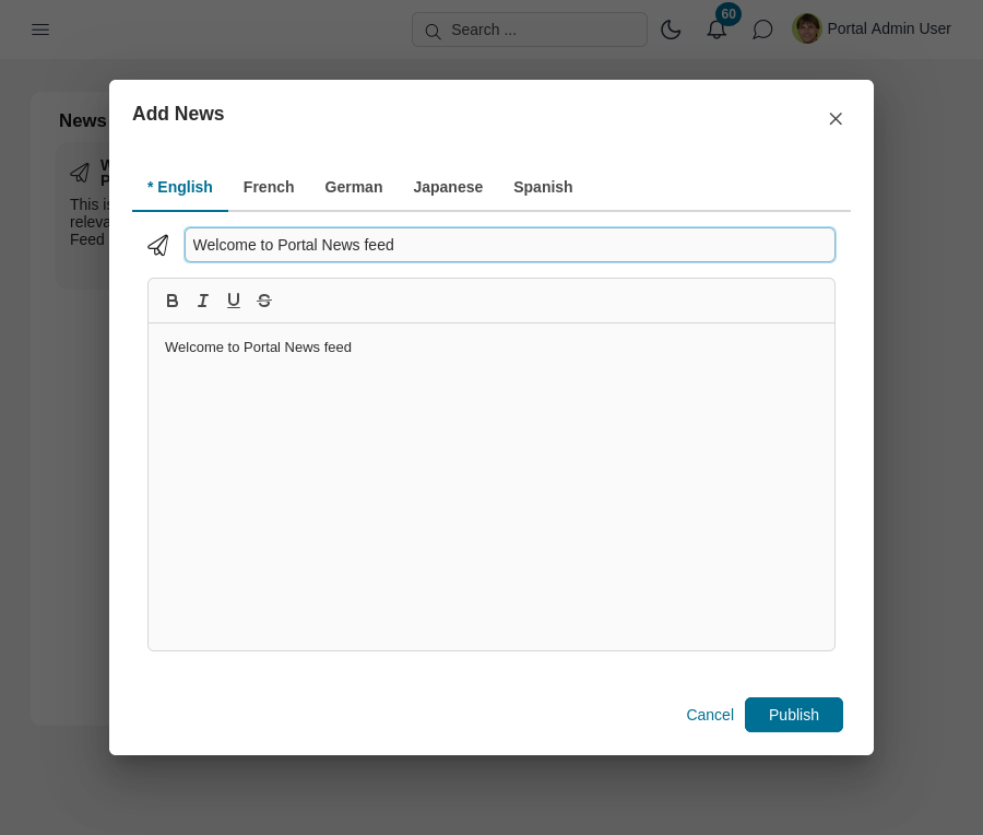 Dashboard news feed widget's Manage news dialog