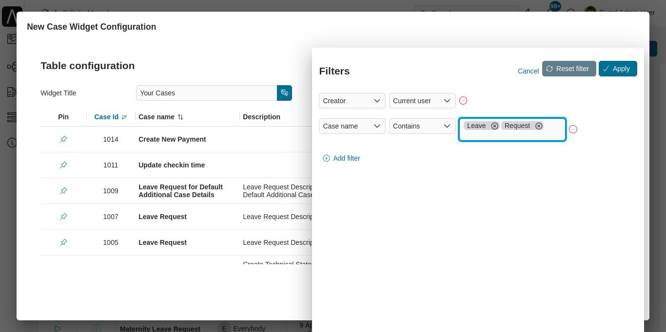 Dashboard case widget's configuration panel