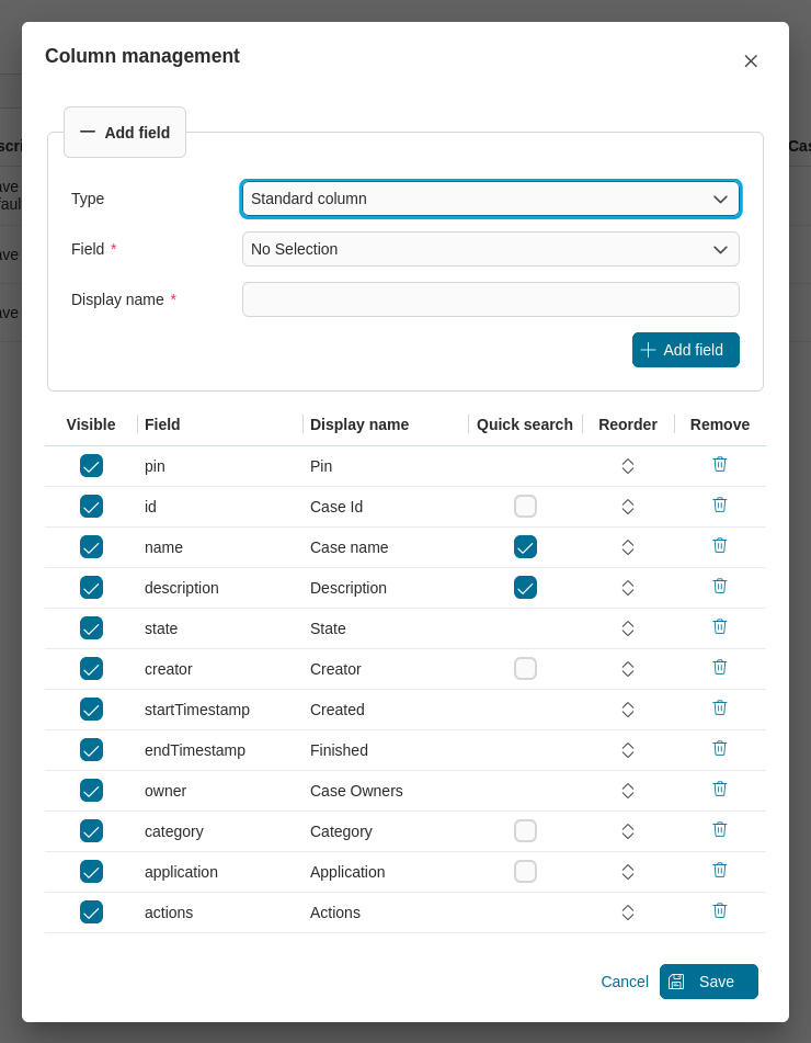 Dashboard case widget's table configuration
