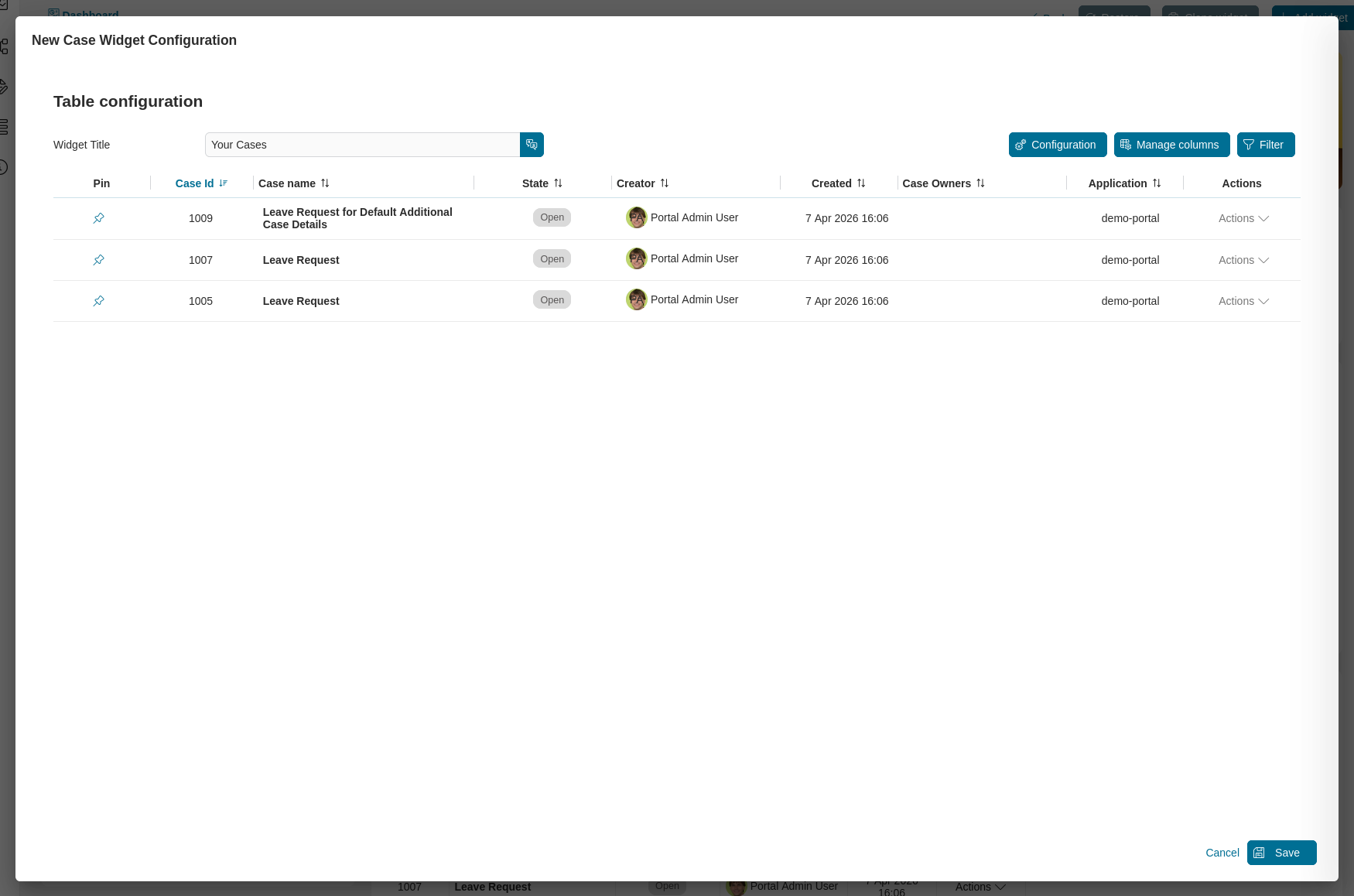 Dashboard case widget's configuration dialog