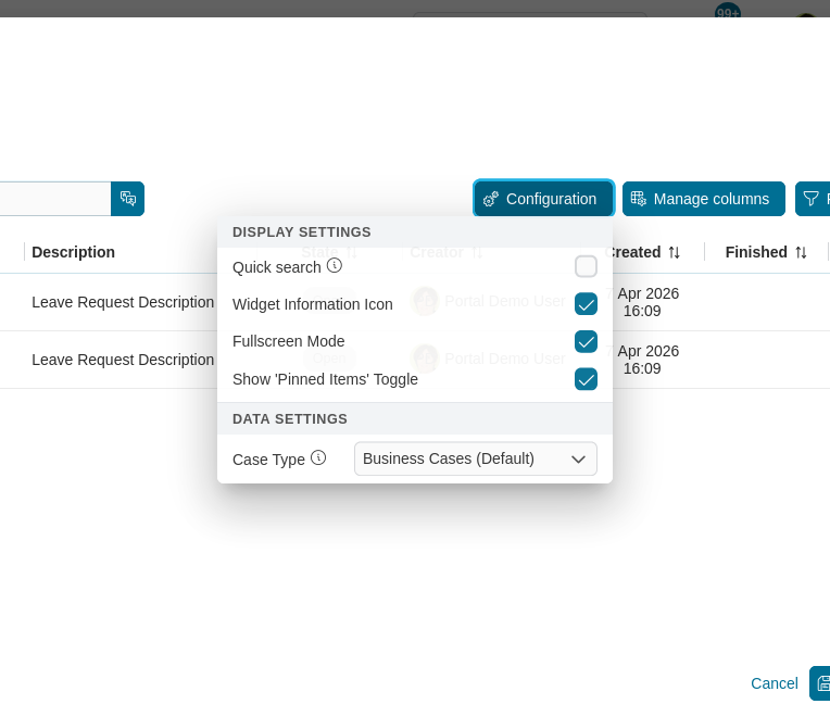 Dashboard case widget's configuration panel