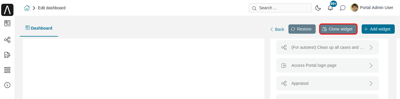 "Clone widget from" button placed inside the "Add new widget" dialog. The "Clone widget from" dialog will appear after clicking this button.