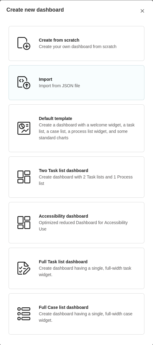 Dashboard template selection dialog