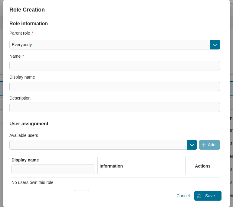 Admin setting: role creation dialog