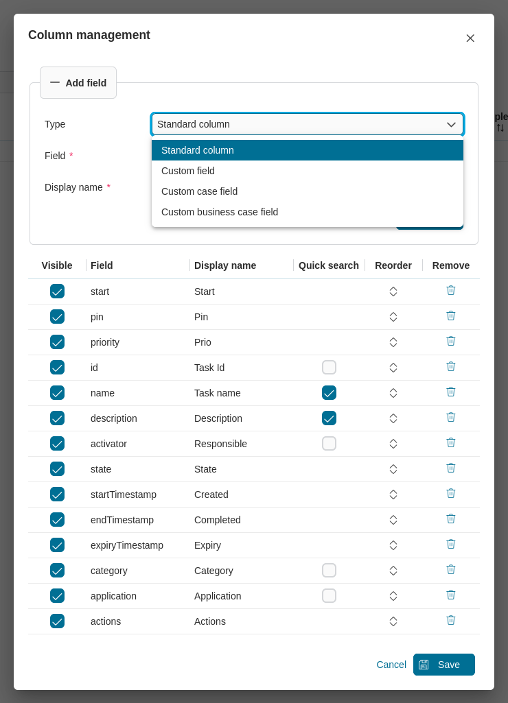 Dashboard task widget's column management