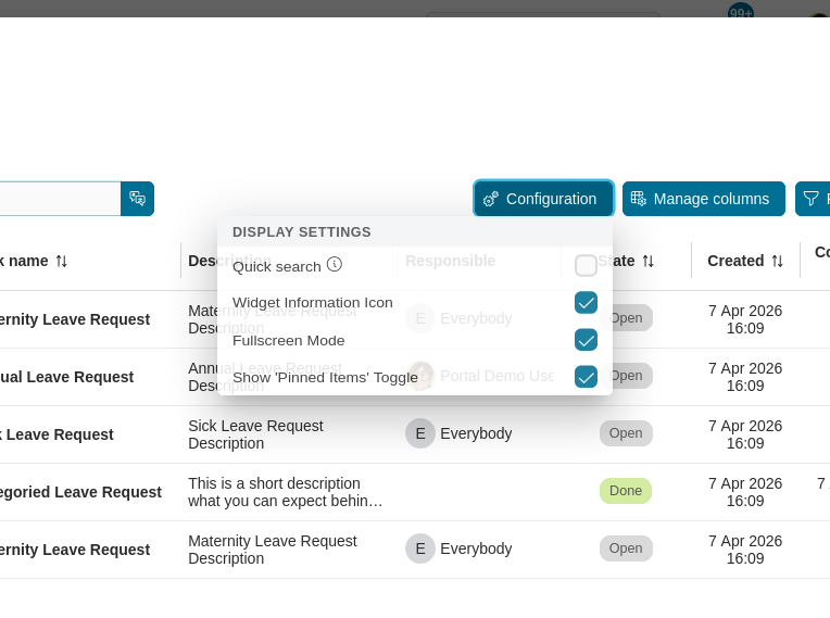 Dashboard task widget's configuration options panel
