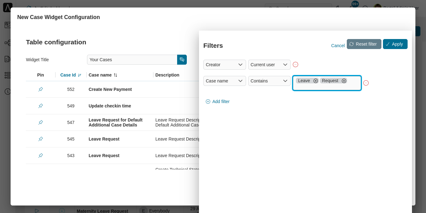 Dashboard case widget's configuration panel