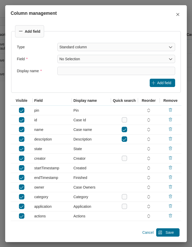 Dashboard case widget's table configuration