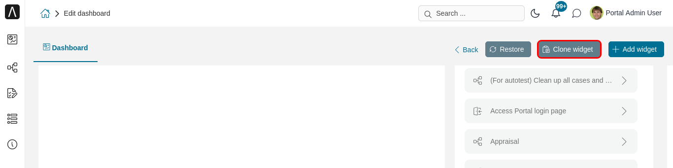 "Clone widget from" button placed inside the "Add new widget" dialog. The "Clone widget from" dialog will appear after clicking this button.