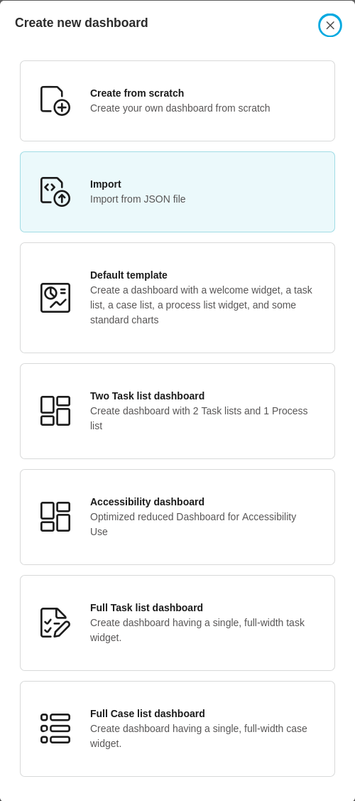 Dashboard template selection dialog