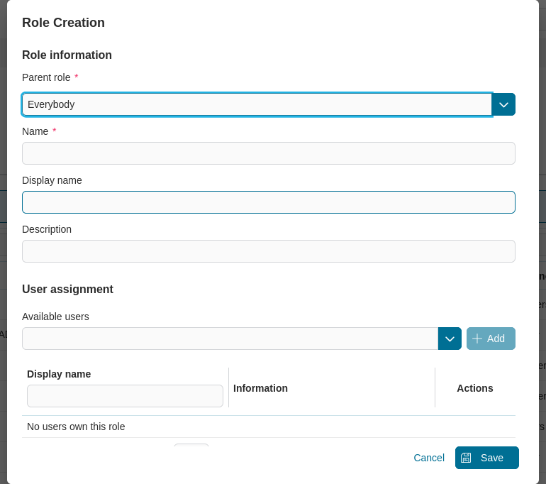 Admin setting: role creation dialog