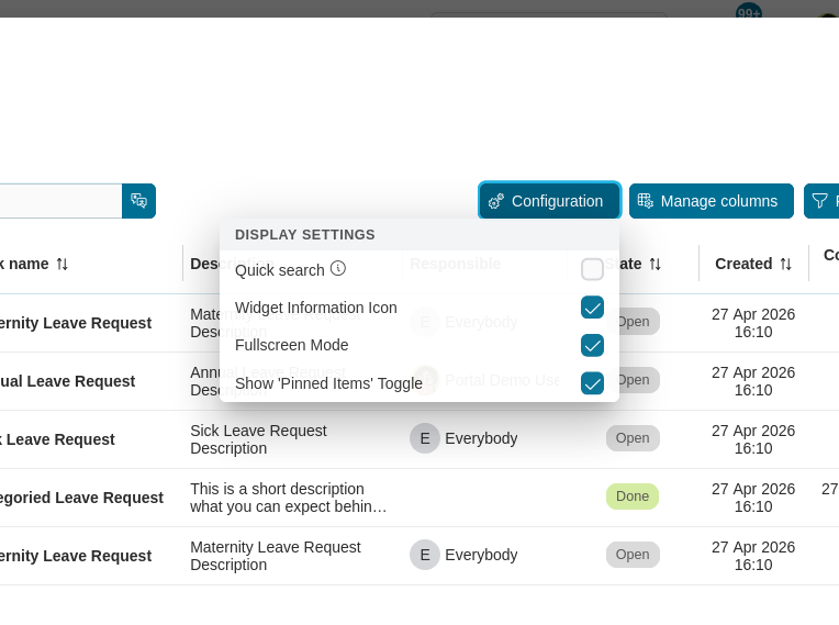 Dashboard task widget's configuration options panel