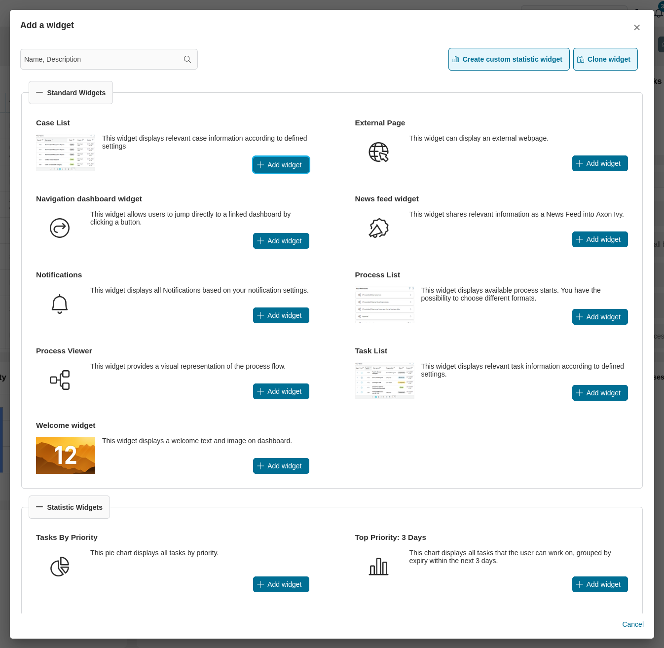 Add new widget dialog