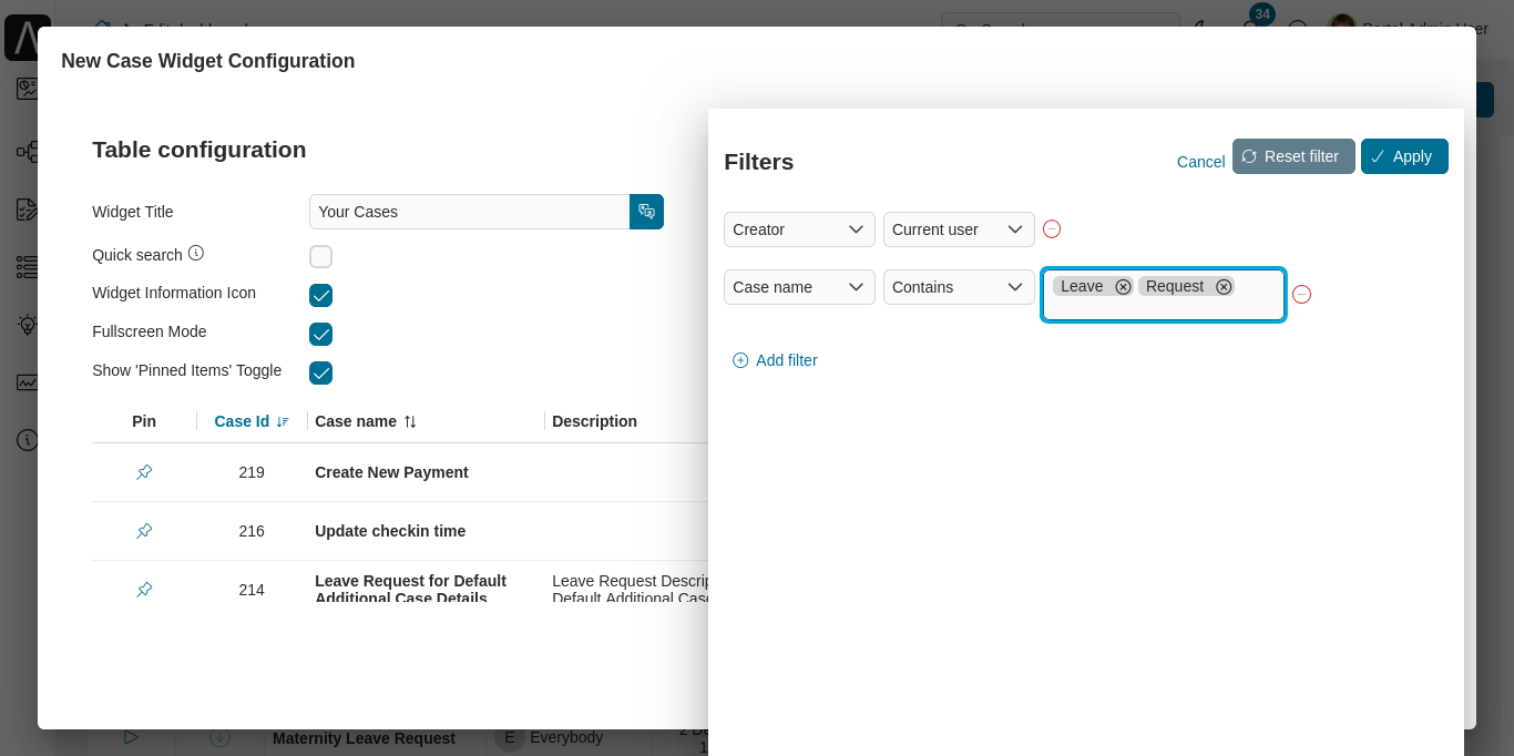 Dashboard case widget's configuration panel