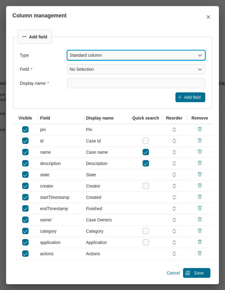 Dashboard case widget's table configuration