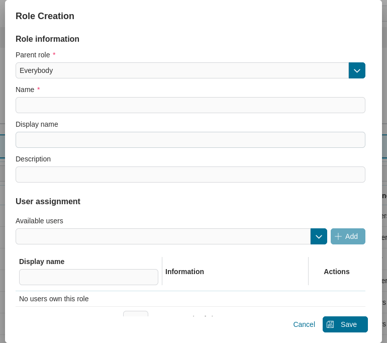 Admin setting: role creation dialog