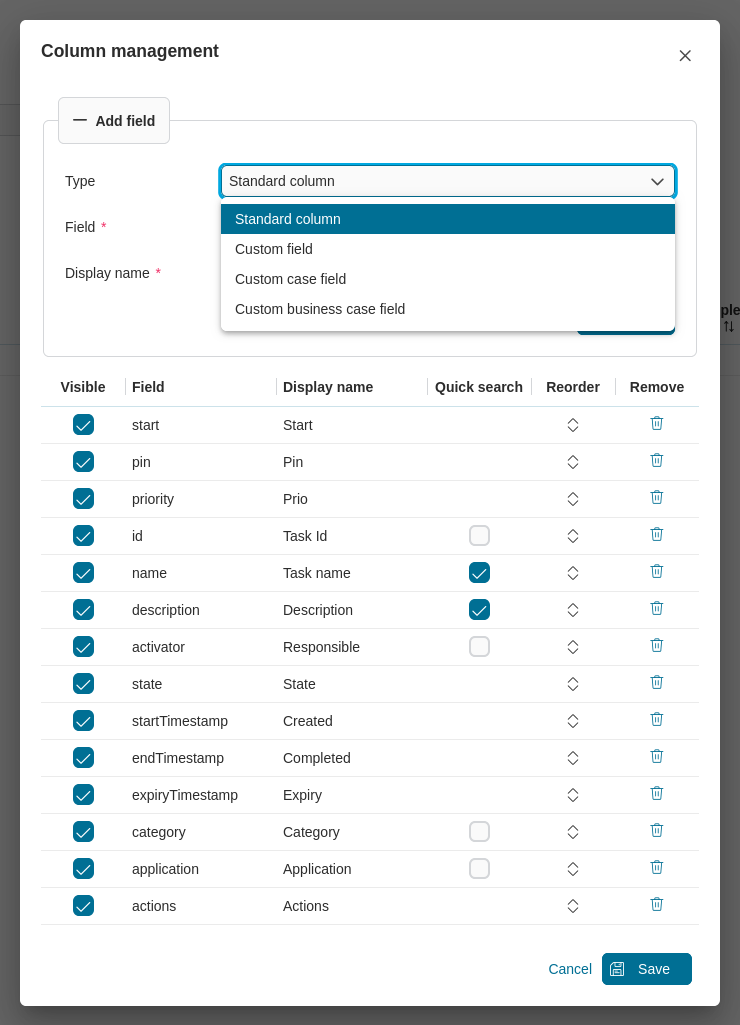 Dashboard task widget's column management